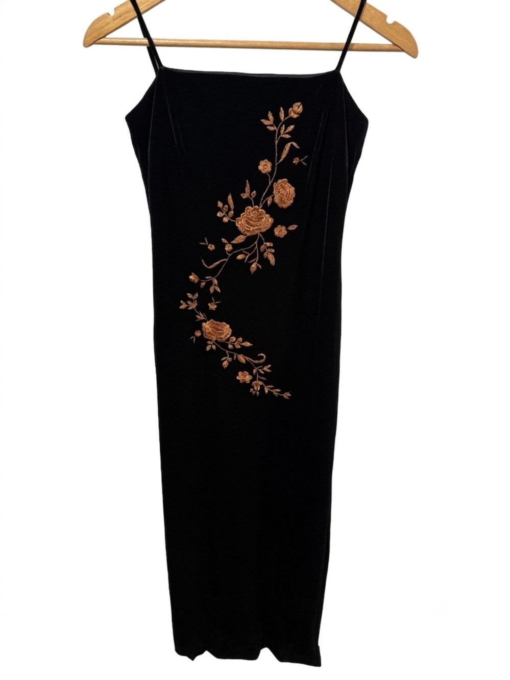 VTG 90s Arianna by Rachel Kaye Black Velvet Embroidered Floral Maxi Dress S 4⁠